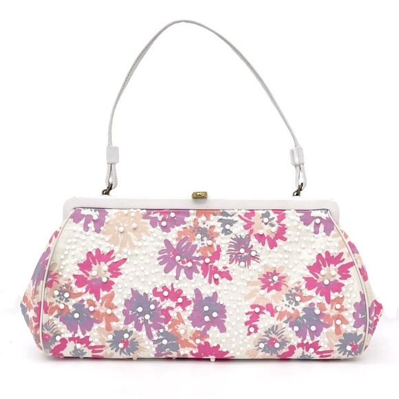 Vintage Handbags - Vintage Magid Beaded Floral Clutch Purse White Pink Purple w Coin Pouch Beaded